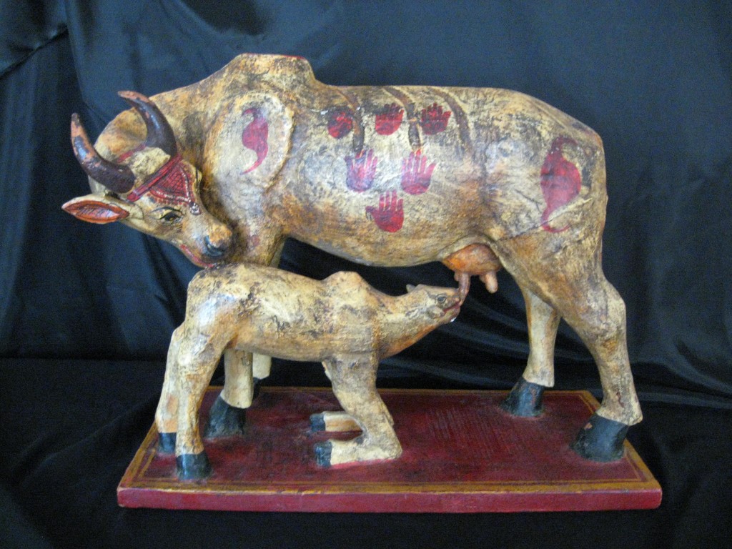 Large Polychrome cow and calf, India.